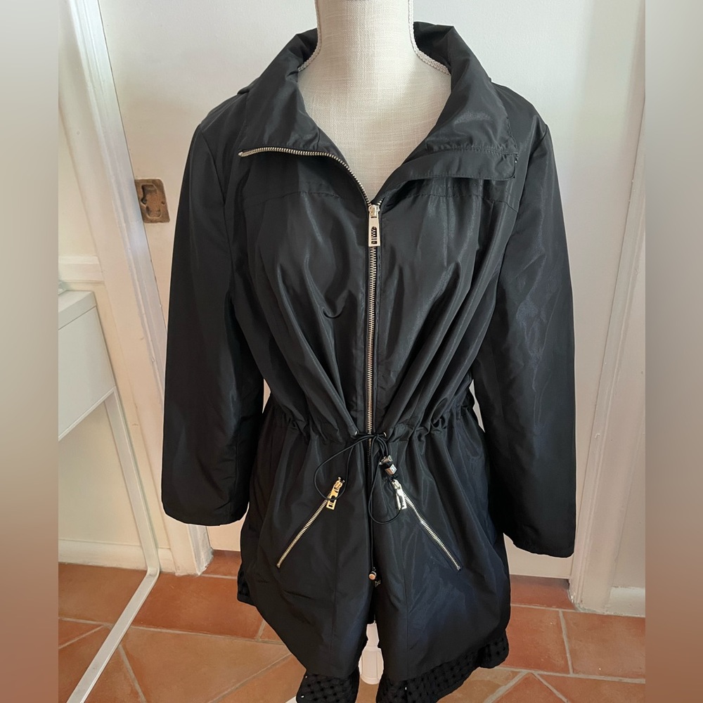 Ivanka Trump black hooded jacket cinched waist gold hardware ruffled bottom. L